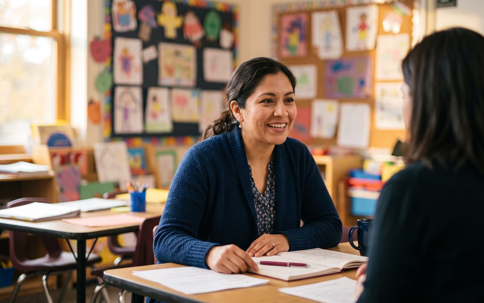 Madre hispana conversando con la maestra en un salón de clases