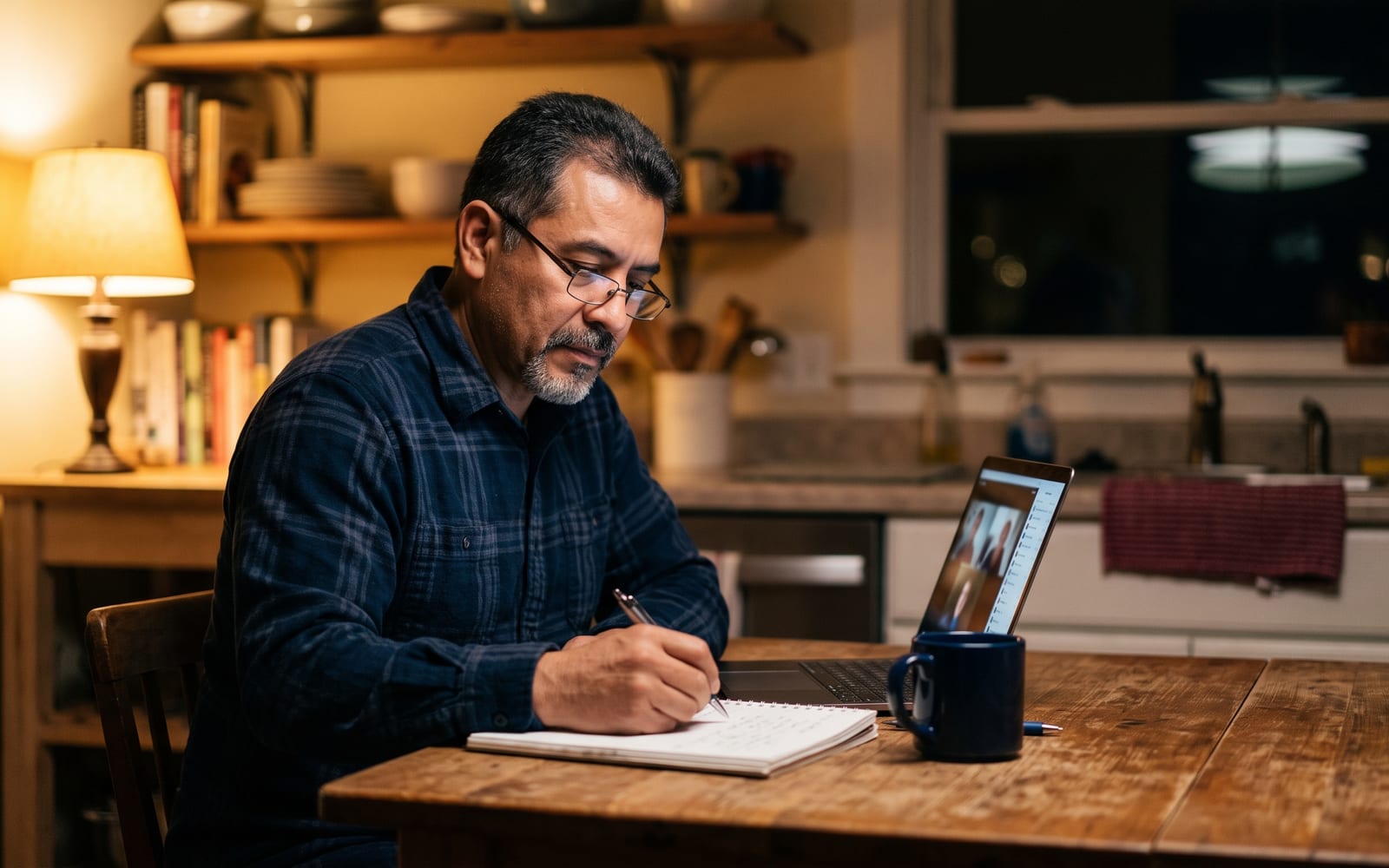 Hombre hispano de unos 50 años estudiando inglés en la mesa de su cocina