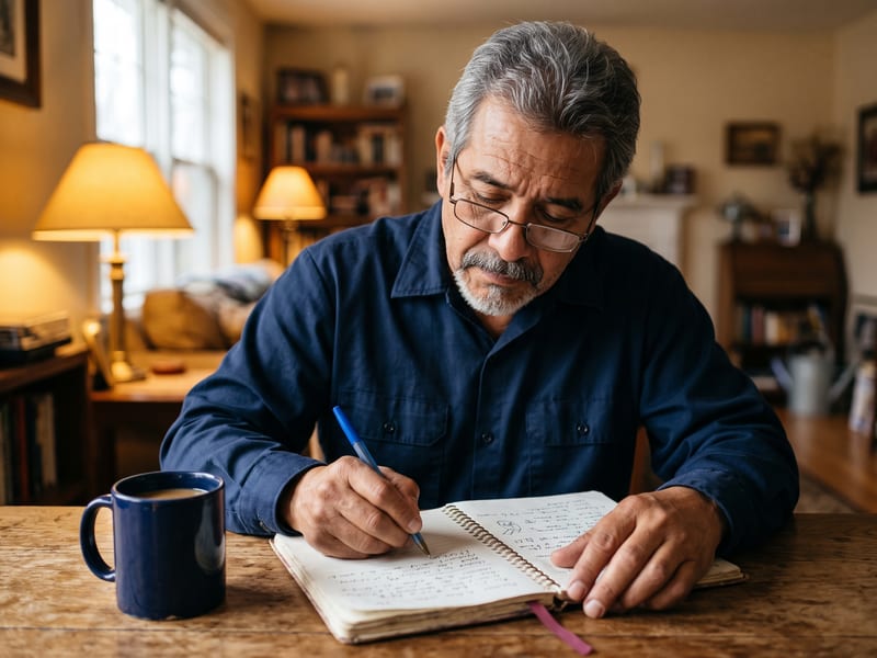 Hombre hispano adulto estudiando inglés de noche en su casa