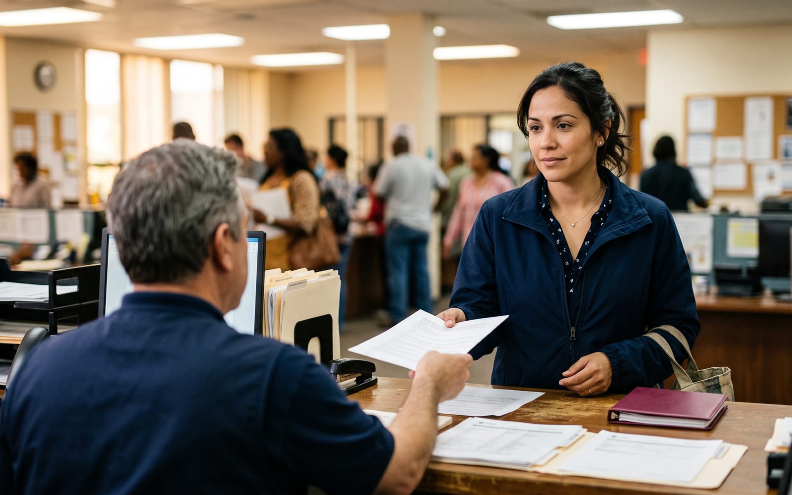 Mujer hispana recibiendo un documento en un mostrador de oficina en Estados Unidos