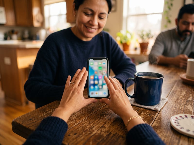 Celular con una app de idiomas junto a una taza de café
