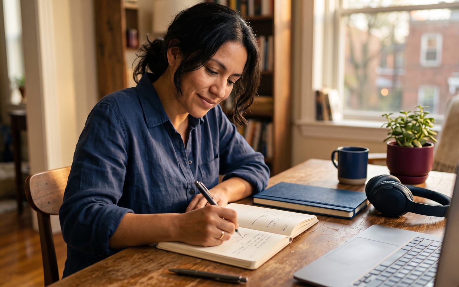 Escritorio con agenda abierta, cuaderno y audífonos para estudiar inglés
