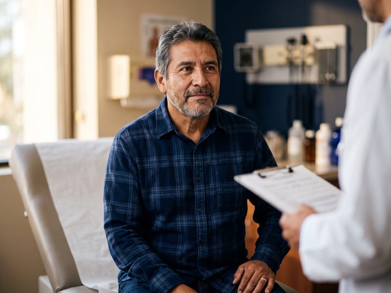 Paciente hispano conversando en un consultorio médico