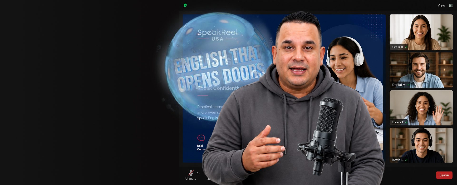 Profesor de Speak Real USA dando una clase de inglés en vivo por videollamada